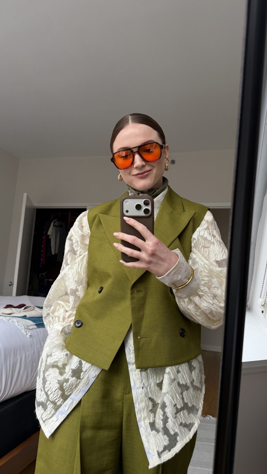 Morning Rave frames styled with an olive suit